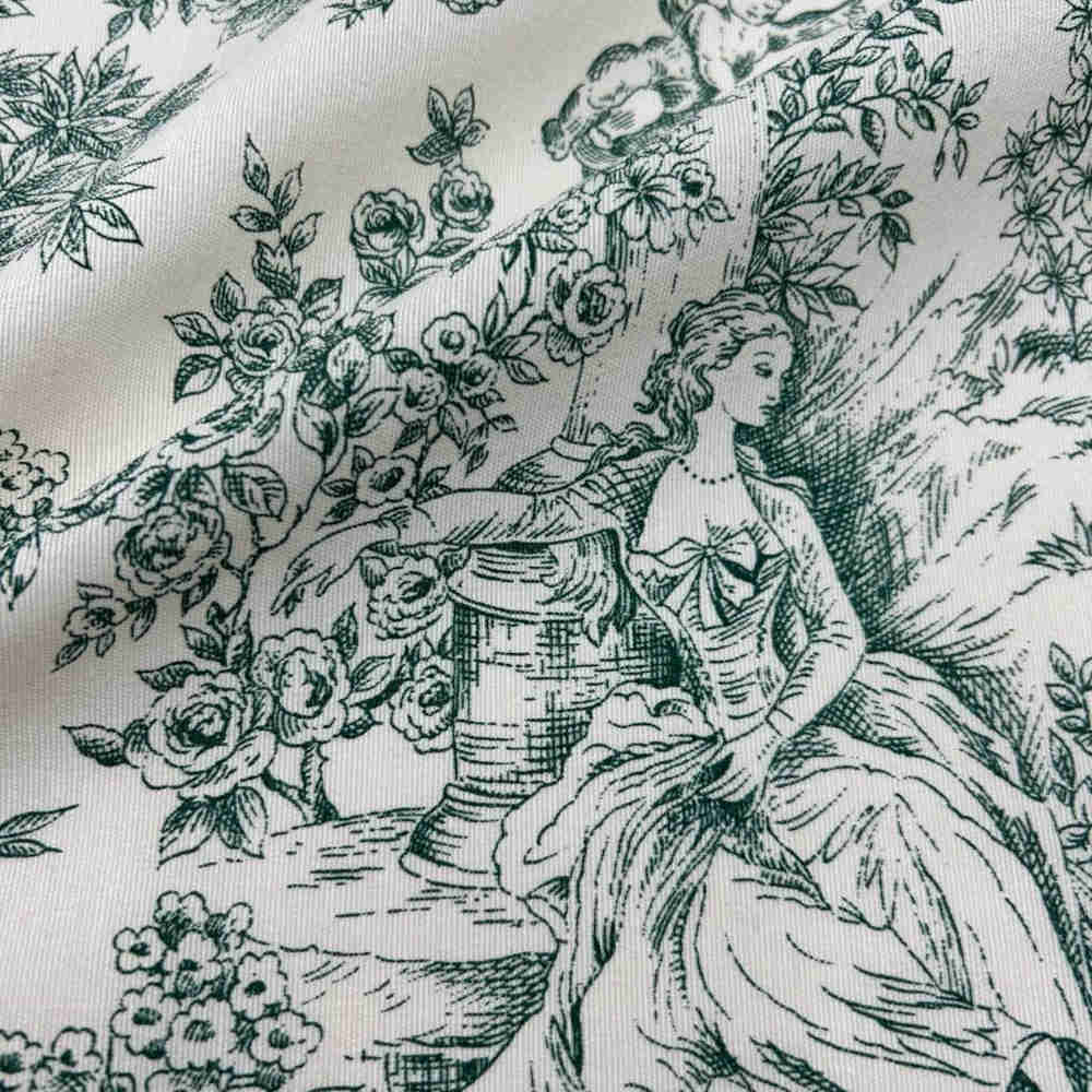 green toile de jouy printed canvas fabric