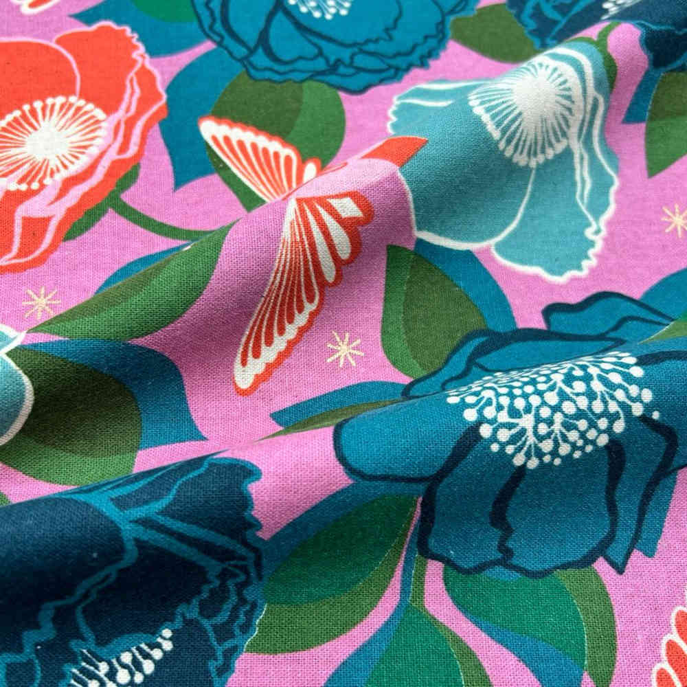 fuchsia floral cotton linen patchwork fabric