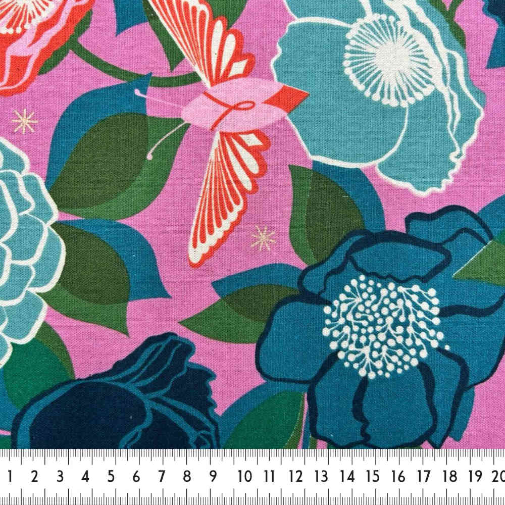 tissu patchwork en lin et coton fleuri fuchsia
