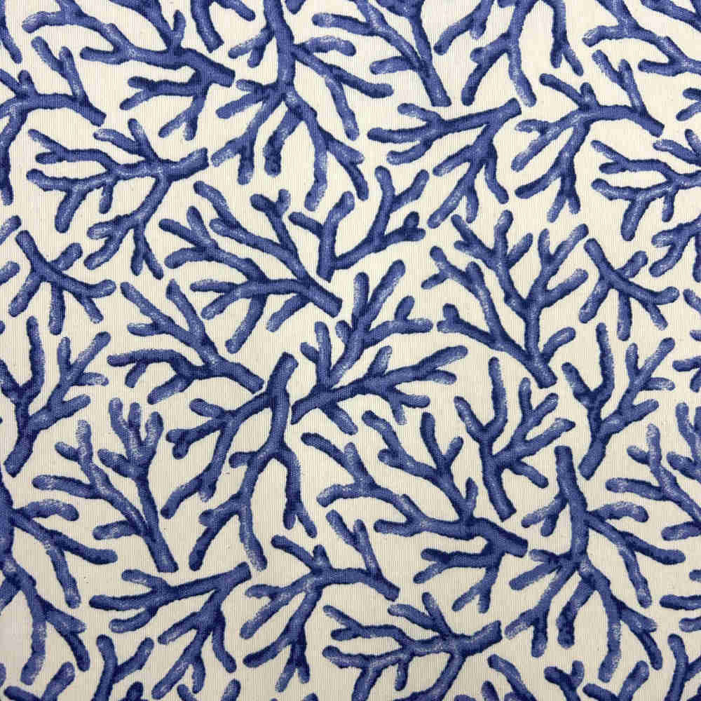 Tissu toile résinée linge de table imprimé bleu corail blanc